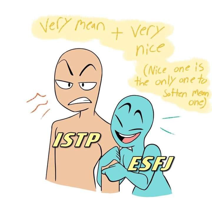 Esfj And Istp Fanart, Istp Esfj Relationship, Mbti Bingo, Mbti Ships, Ship Dynamics, Istp Personality, Infj Type, Mbti Memes, Cartoon Body