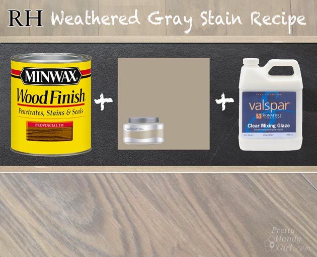 some paint and other items are sitting on a table top with the words rh weathered gray stain recipe