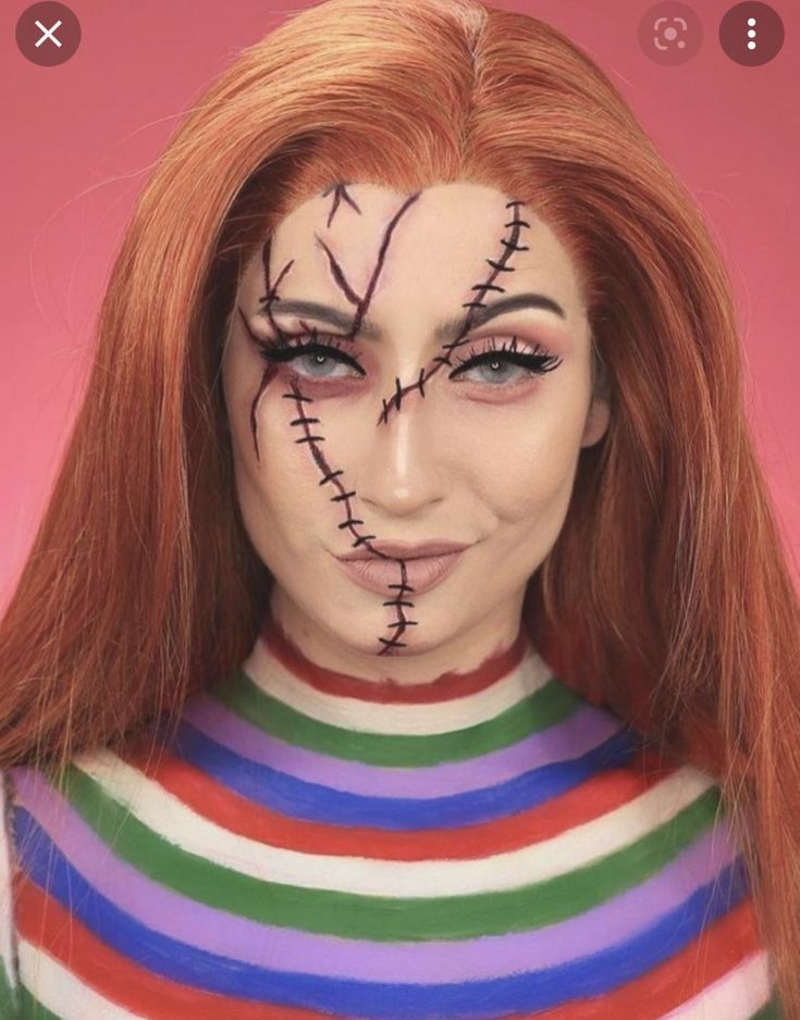 Chucky Cosplay, Chucky Makeup, Maquillage Halloween Simple, Teknik Makeup, Makeup Zombie, Halloween Makeup Clown, Chucky Halloween, Fantasy Make-up, Halloween Make-up Looks