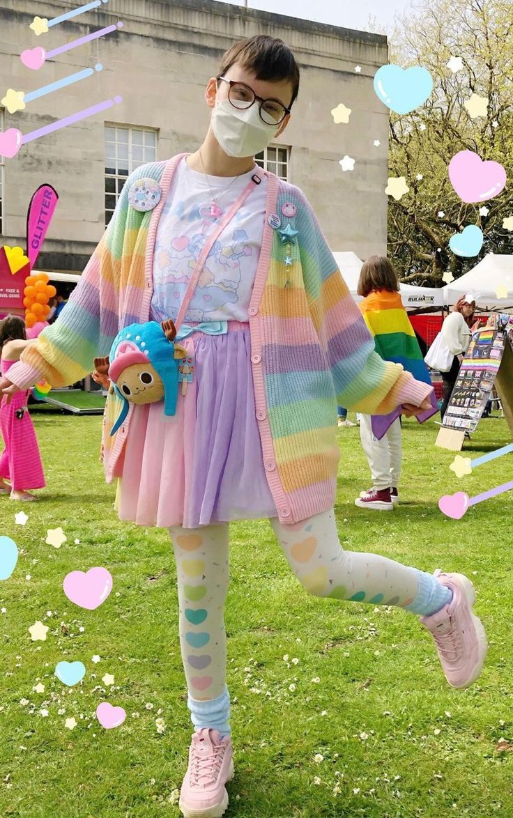 Pastel Pride Outfit, Purple Kidcore Outfit, Cotton Candy Outfit Aesthetic, Kawaii Kidcore Outfit, Unicorncore Aesthetic Outfits, Rainbow Pastel Outfit, Casual Decora Fashion, Happycore Outfit, Kidcore Fashion Pastel