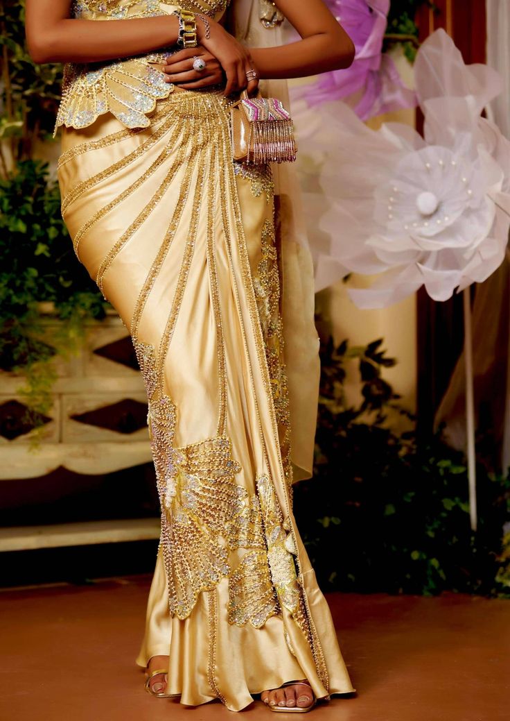 Maya Sari Traditional Embellished Pre-draped Saree For Festive Season, Draped Sequin Lehenga For Evening, Evening Draped Sequin Lehenga, Sequin Draped Saree For Diwali, Semi-stitched Draped Saree For Evening, Sequin Saree For Diwali, Party Embellished Draped Saree, Wedding Embellished Pre-draped Saree In Chinon, Sequined Draped Lehenga