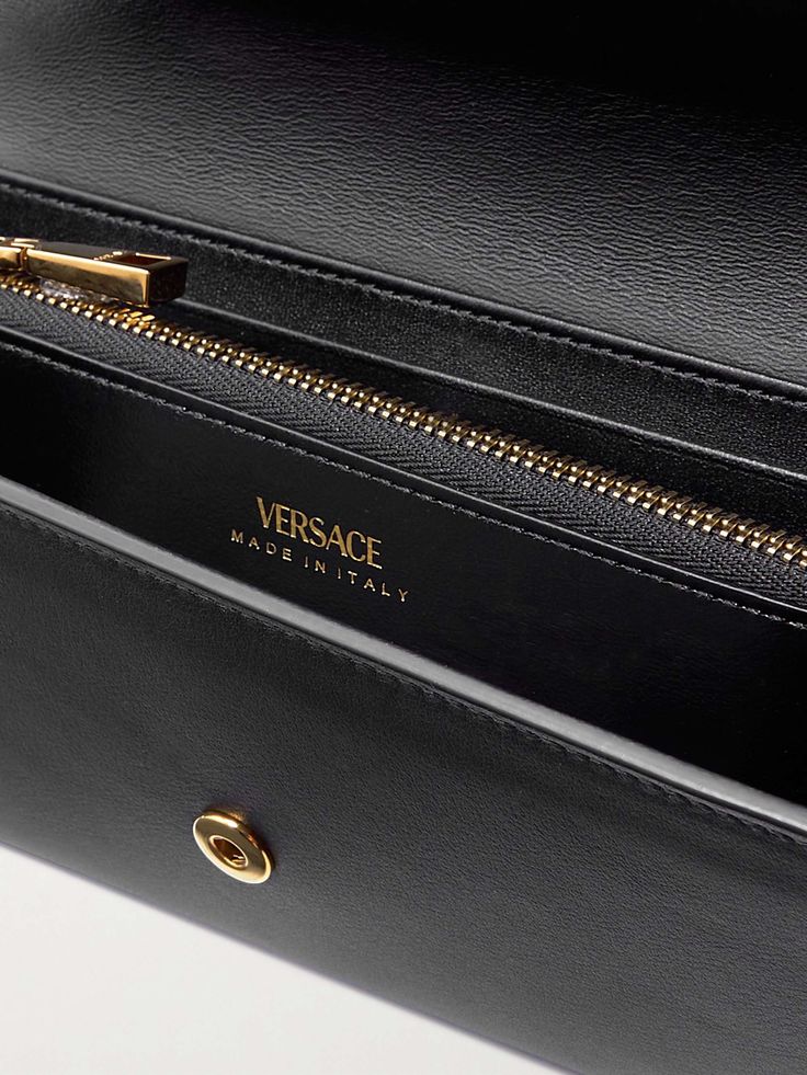 VERSACE Continental leather wallet Chic Formal Wallet On Chain With Logo Plaque, High-end Leather Wallet For Formal Occasions, Formal Leather Wallet With Gold-tone Logo, Classic Business Wallets With Gold-tone Logo Plaque, Classic Evening Wallet On Chain With Logo Plaque, Leather Wallet With Gold-tone Logo Plaque, Luxury Black Wallet On Chain With Gold-tone Logo, Classic Clutch Bag With Gold-tone Logo Plaque, Luxury Bifold Wallet With Gold-tone Hardware