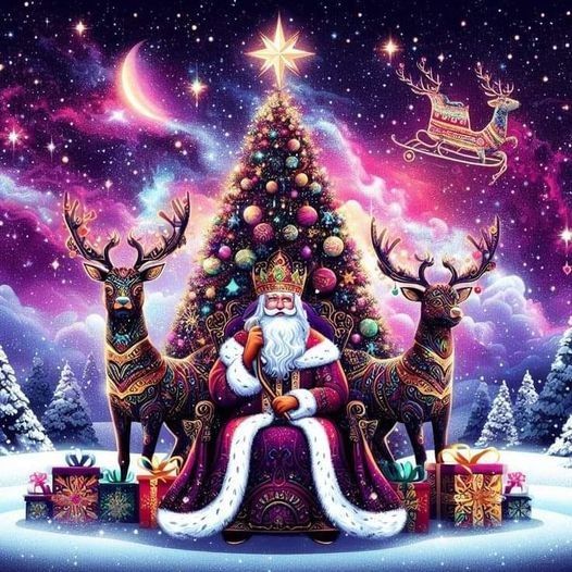 a santa claus sitting in front of a christmas tree with reindeers and presents around it