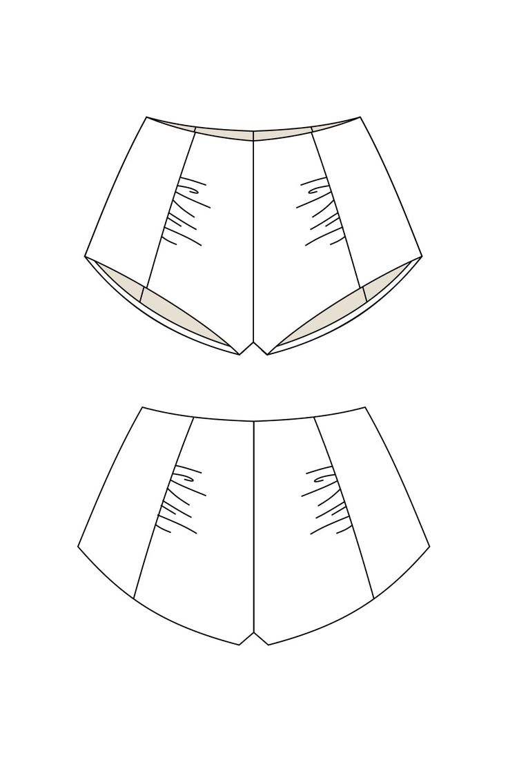 the front and back view of a paper doll's shorts, with one side cut out