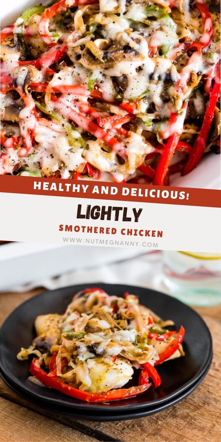 healthy and delicious lightly smothered chicken is served on a black plate with red peppers