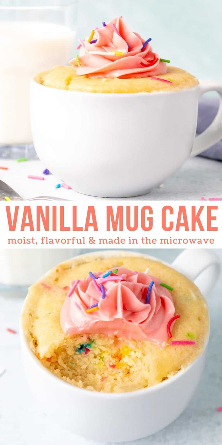 vanilla mug cake in a white bowl with pink frosting and sprinkles