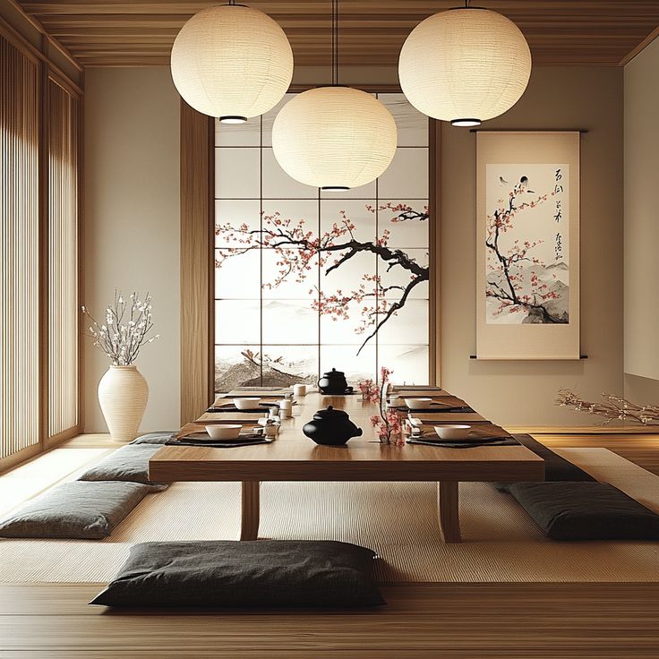 Step into a world of calm and tradition with this Japanese tea room. Featuring tatami mats, a low tea table, and a tokonoma alcove, this space is perfect for quiet reflection. #JapaneseTeaRoom #TatamiMats #MinimalistDecor #ZenLiving Japanese Style Study Room, Tea Japanese Aesthetic, Tatami Room Decor, Low Japanese Dining Table, Tatami Dining Room, Japanese Low Table Living Room, Japandi Tea Room, Japanese Beige Aesthetic, Traditional Japanese Tatami Room