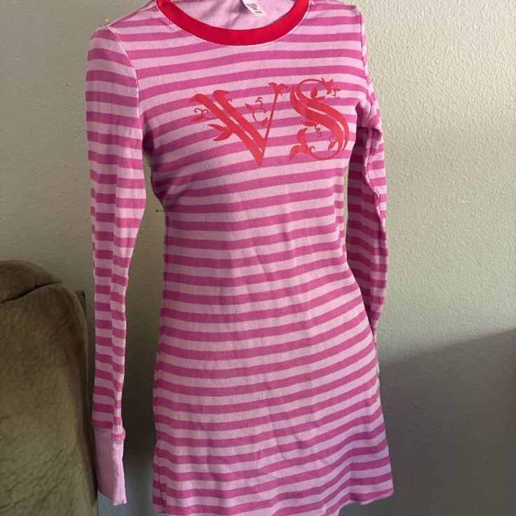 Victoria Secret Pjs Never Worn Striped Sleepwear For Spring Sleepover, Fitted Casual Sleepwear, Fitted Casual Long Sleeve Sleepwear, Casual Fitted Long Sleeve Sleepwear, Fitted Long Sleeve Tops For Sleepovers, Pink Summer Tops For Overnight, Pink Crew Neck Sleepwear, Victoria's Secret Long Sleeve Tops For Daywear, Fitted Cotton Sleepwear For Overnight