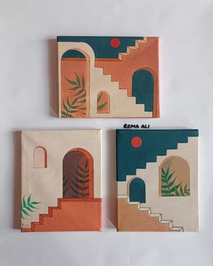 three small paintings on canvases with different colors and shapes, each depicting an entrance to a house