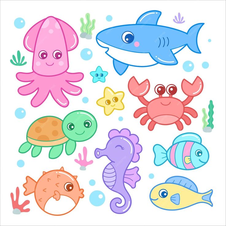 an image of sea animals and fish stickers on a white background with water bubbles