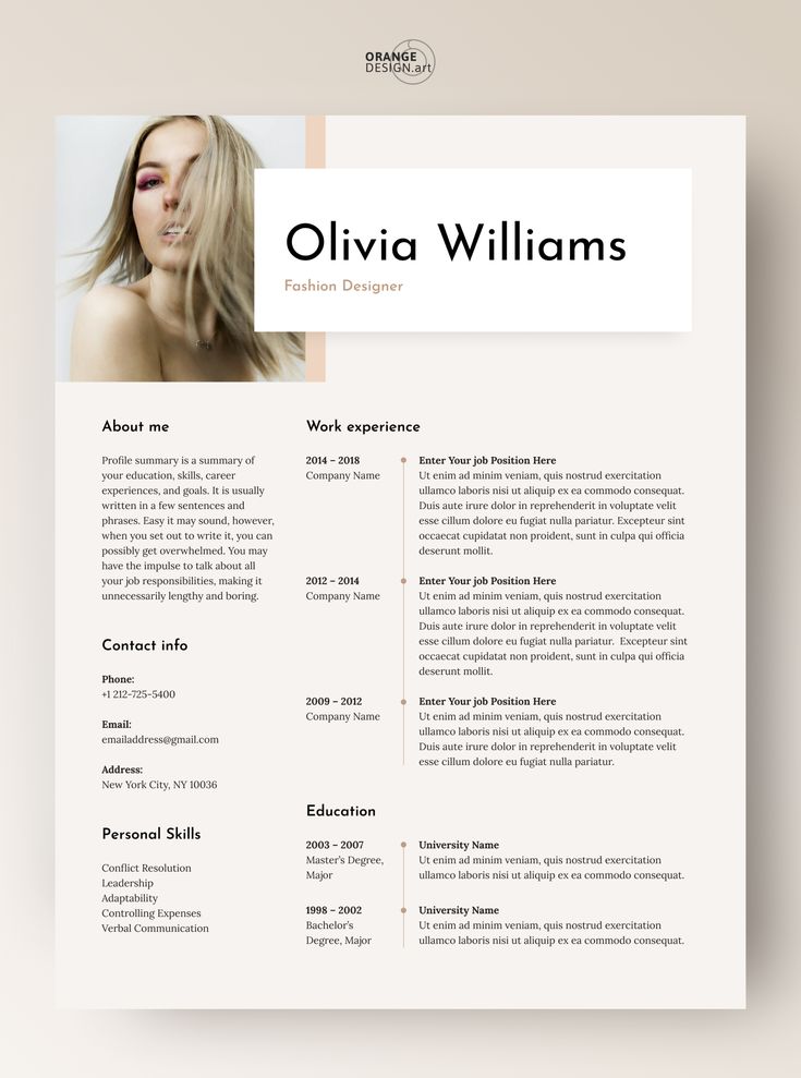 a professional resume template with an image of a woman's face