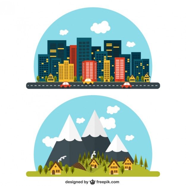 two cityscapes with buildings and mountains in the background