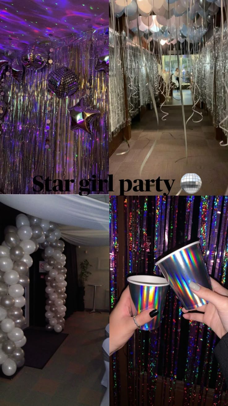 the party is decorated with balloons, streamers and disco - themed decorations for an event