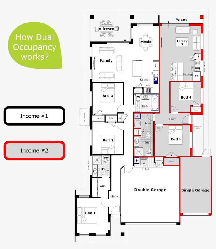 the floor plan for a home with two garages and three separate rooms on each side