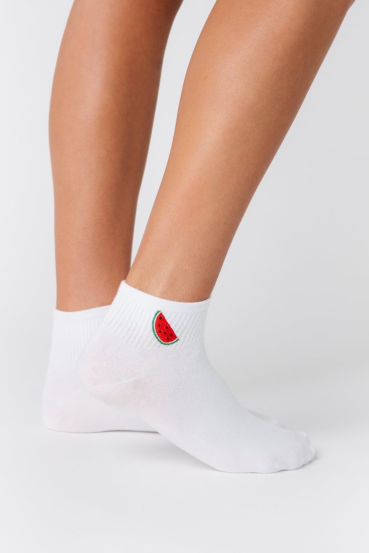 These watermelon embroidered socks are perfect for summer! Cuff measurement - 1.5" Embroidery measurement - 1" Green Cotton Summer Socks, Trendy White Summer Socks, Comfortable Red Socks For Summer, Casual Cotton Summer Socks, Cute Stretch Summer Socks, Trendy Summer Cotton Socks, Trendy Red Socks For Summer, Comfortable Cotton Summer Socks, Embroidered Socks