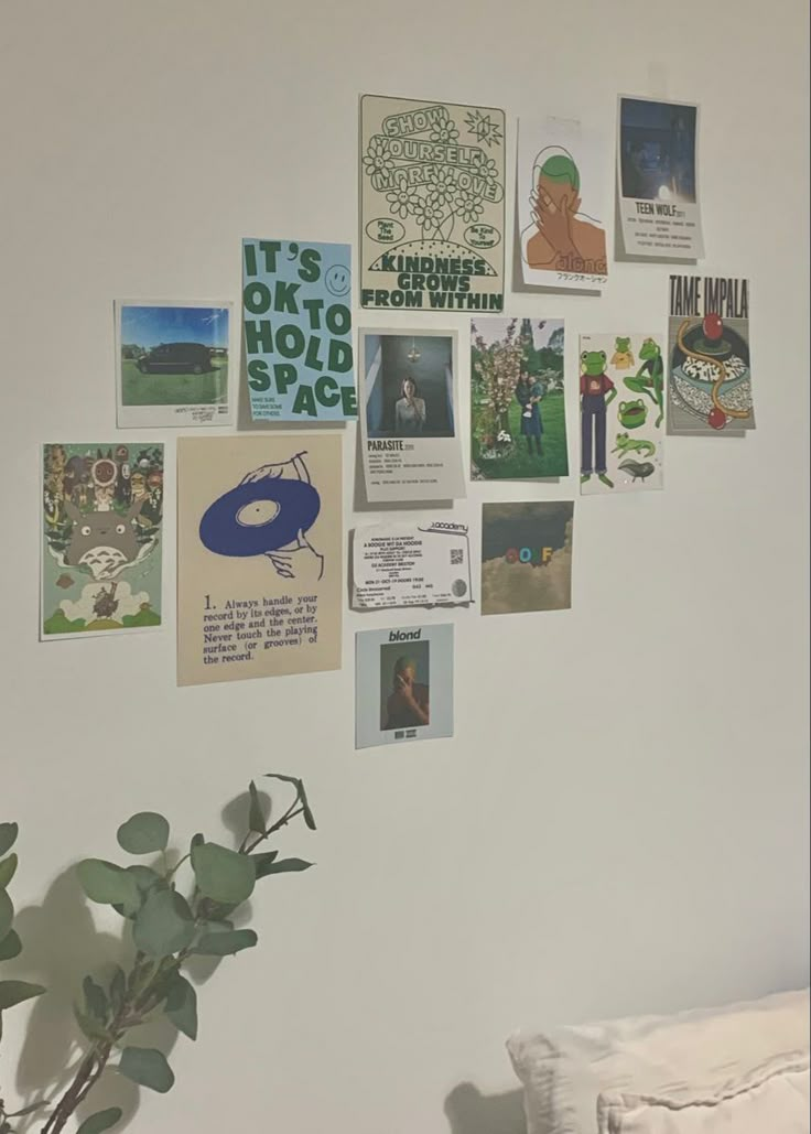 a white wall with many posters on it and a potted plant in the corner