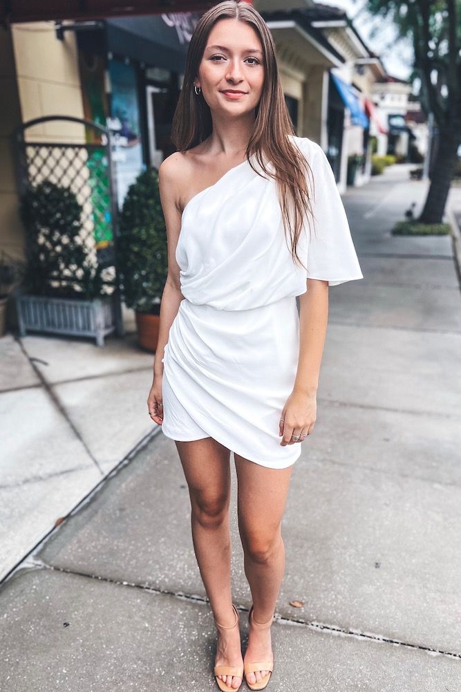 One Shoulder Wrap Dress | Sophie & Trey One Shoulder Dress Short, One Shoulder Wrap Dress, White One Shoulder Dress, Cute Trendy Dresses, Shoulder Wrap, Graduation Dresses, Online Clothing Boutiques, Dress Store, Let's Celebrate