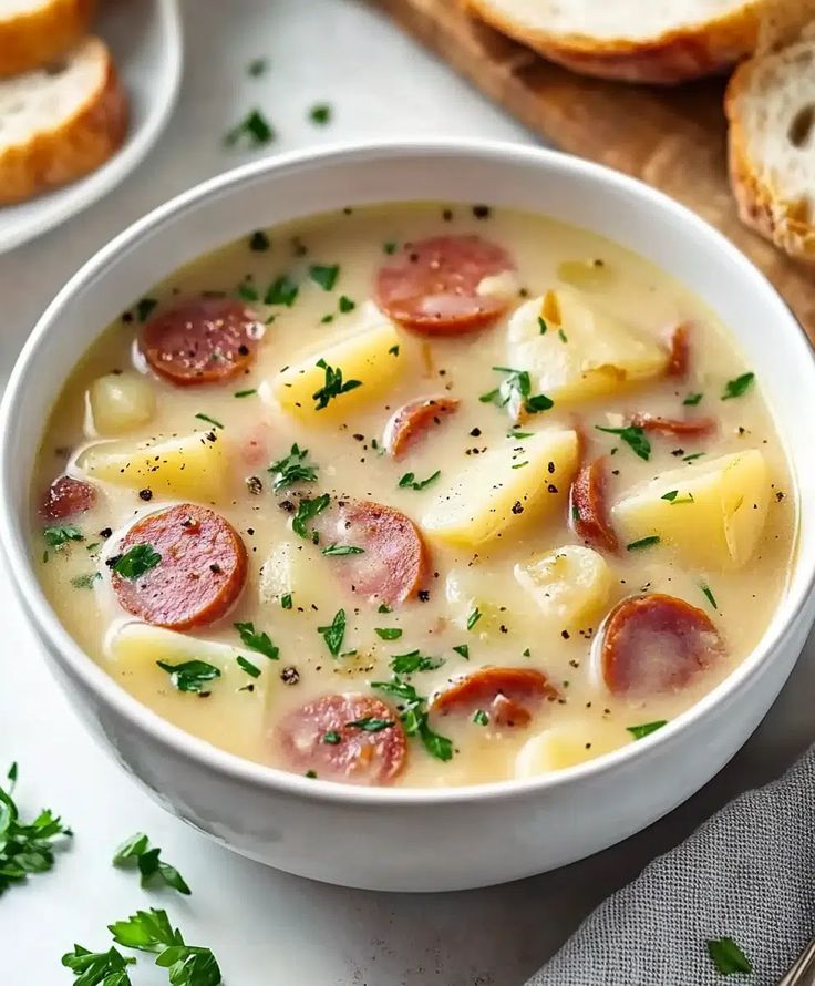 a white bowl filled with ham and potato soup