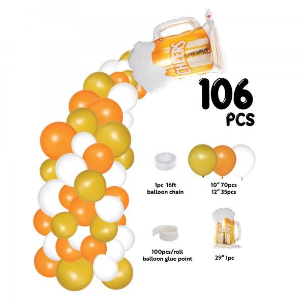 balloons and confetti are arranged in the shape of an orange, white and yellow balloon