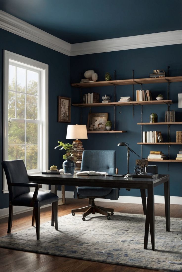 a home office with blue walls and shelving on the wall, along with a black leather chair