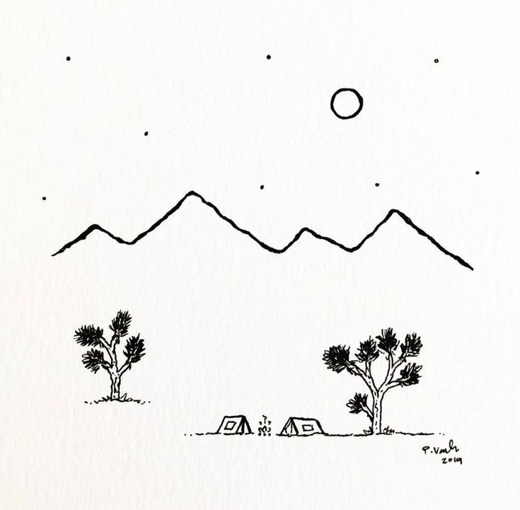 an ink drawing of mountains and trees with tents in the foreground under a full moon