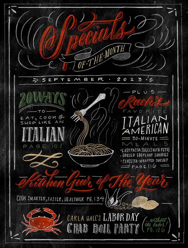 a chalkboard menu with different types of food and drinks on it, including spaghetti