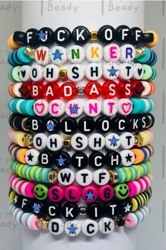 Gorgeous Beaded Bracelet Ideas for Every Occasion Clay Bead Bracelet Ideas Not Preppy, Names To Put On Bracelets, Beads Letters Bracelet, Funny Clay Bead Bracelet, Clay Bead Bracelet Ideas Name, Beaded Bracelets Name, Words To Put On Your Bracelets, Swear Word Bracelet, Cute Letter Bracelets