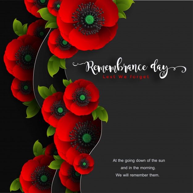 remembrance day card with red poppies and green leaves on black background, eps file