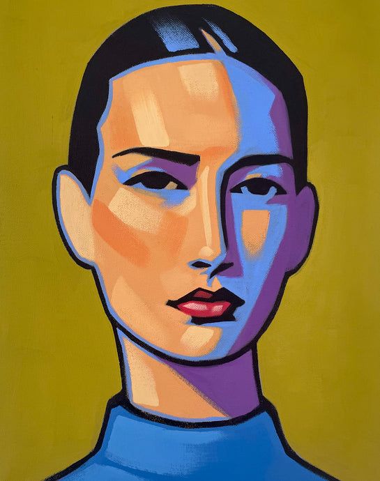 a painting of a woman's face with blue and yellow colors in the background