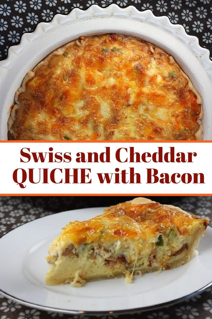 swiss and cheddar quiche with bacon in a white dish on a black table