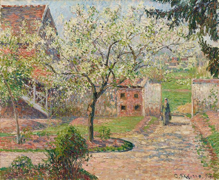 a painting of a garden with trees and buildings