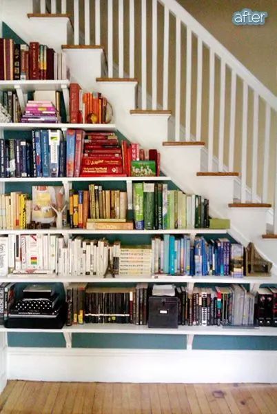 the bookshelves are filled with many different types of books