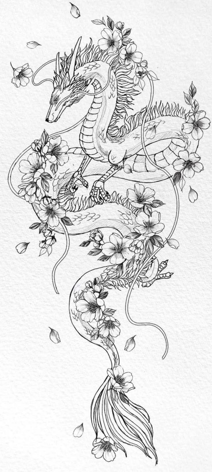 a drawing of a dragon with flowers on it