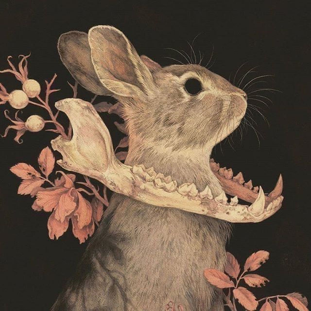 a drawing of a rabbit with its mouth open and flowers in front of it's face