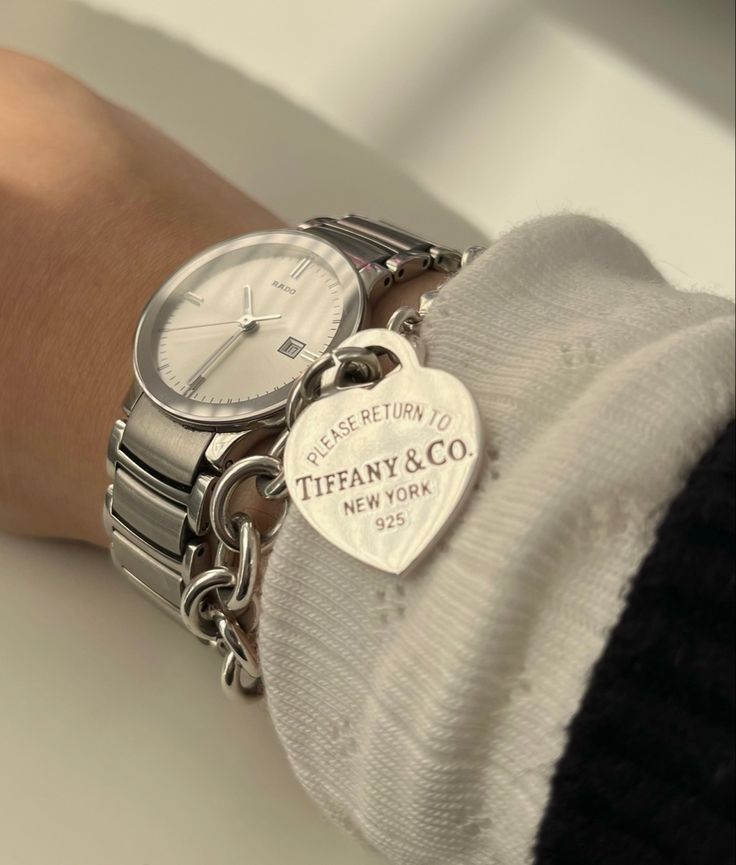 Old Money Jewelry Silver, Tiffany Bracelet Stack, Tiffany Heart Bracelet, Rado Watch, Stargirl Aesthetic, Tiffany Bracelet, Tiffany And Co Bracelet, Pandora Jewelry Charms, Accessory Inspo