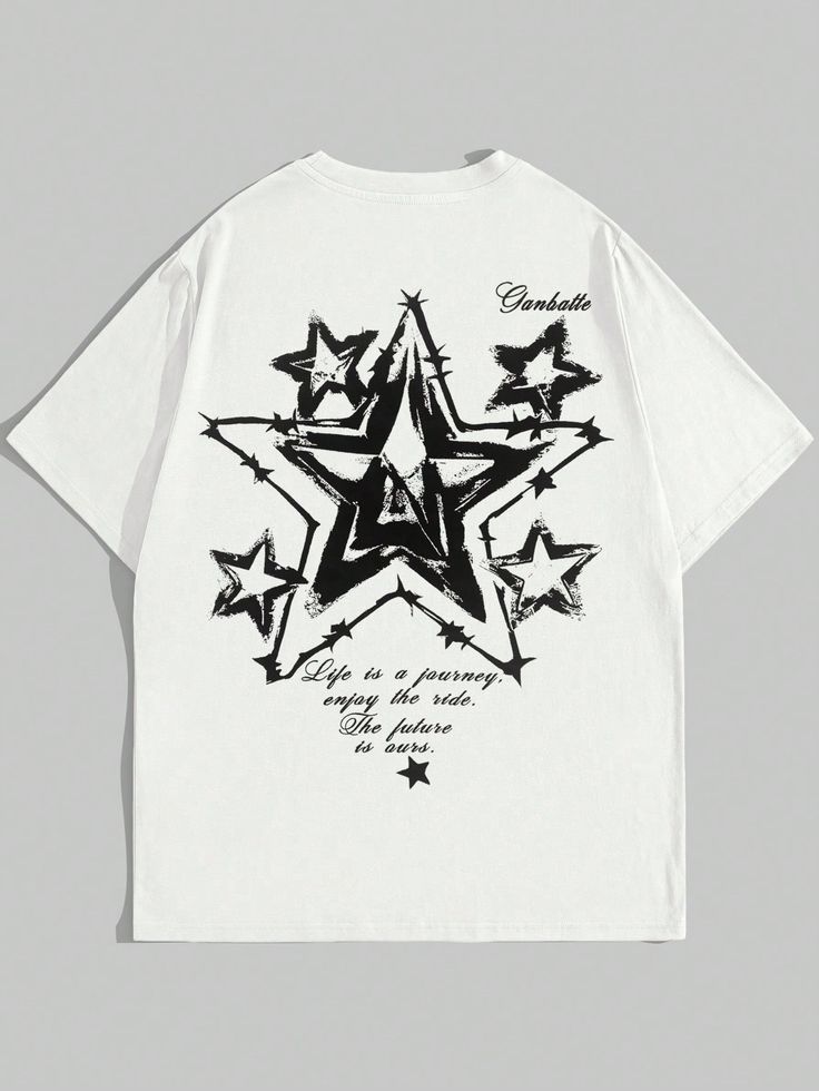 Men Star & Slogan Print T-Shirt, School White Casual,Street  Short Sleeve Fabric Geometric,Letter,Slogan  Slight Stretch Summer Men Clothing, size features are:Bust: ,Length: ,Sleeve Length: Mens Clothing Styles T-shirt, White Printed T Shirt, Streetwear Fashion White Background, Streetwear Fashion Shirt, Cool Graphic Tees Men, Y2k Shirt Ideas, Baggy Shirts Men, Winter Tshirt Designs, God Clothes Design