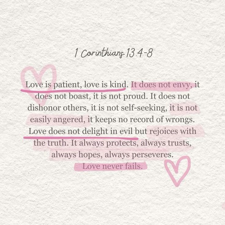 a pink and white photo with the words love is patient, love is kind it does not