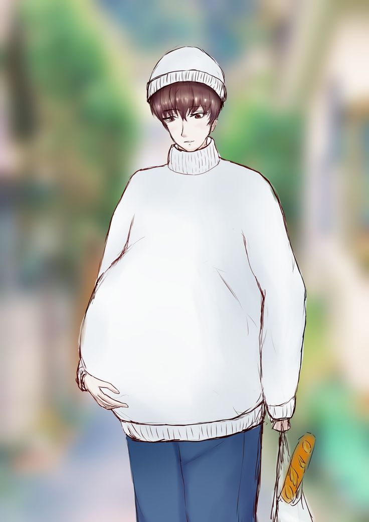 a drawing of a person wearing a white sweater and blue pants, holding a bag