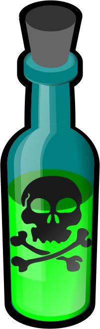 a green bottle with a skull and crossbones on the side, sitting in front of a white background