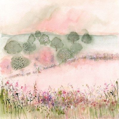 watercolor painting of flowers and trees on a pink sky with clouds in the background