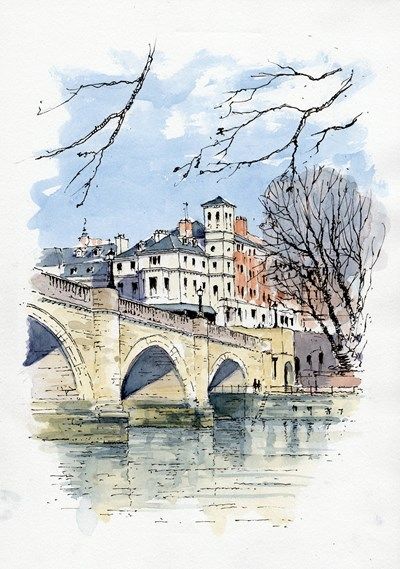 a watercolor painting of a bridge over a river with buildings on top and trees in the background