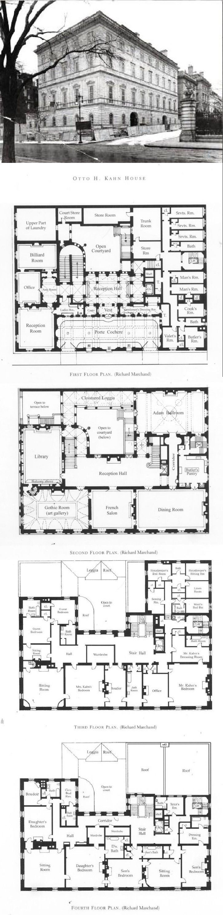 the plans and elevations of an old building, with different sections in each section