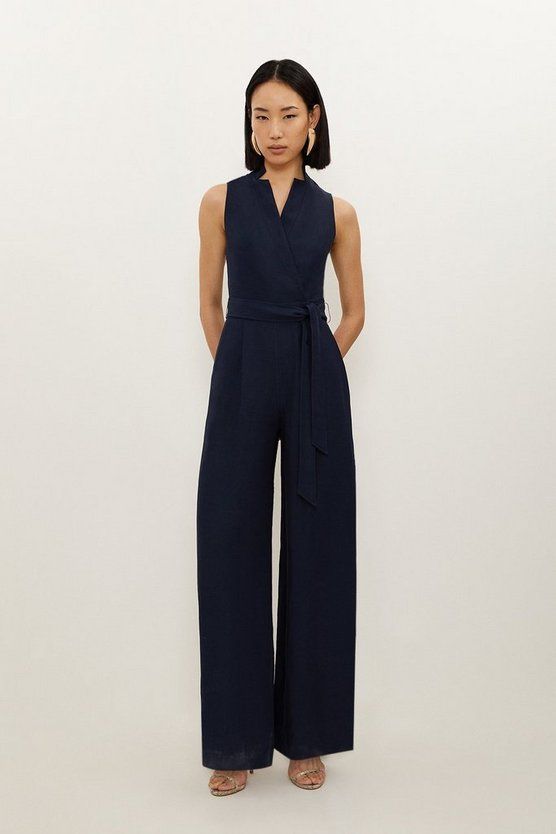 Premium Tailored Linen Notch Neck Belted Straight Leg Jumpsuit | Karen Millen Donna From Suits Dresses, Formal Outfits For Masc Women, Soft Dramatic Office Style, Interesting Work Outfits, Dark Navy Outfit, Lecturer Outfit Women, Elegant Jumpsuit Classy, Wedding Guest Jumpsuit, Law Fashion