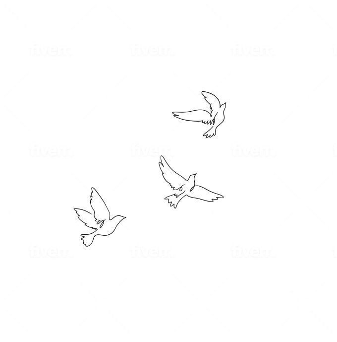 three birds flying in the sky with one bird on its back and another bird on its side