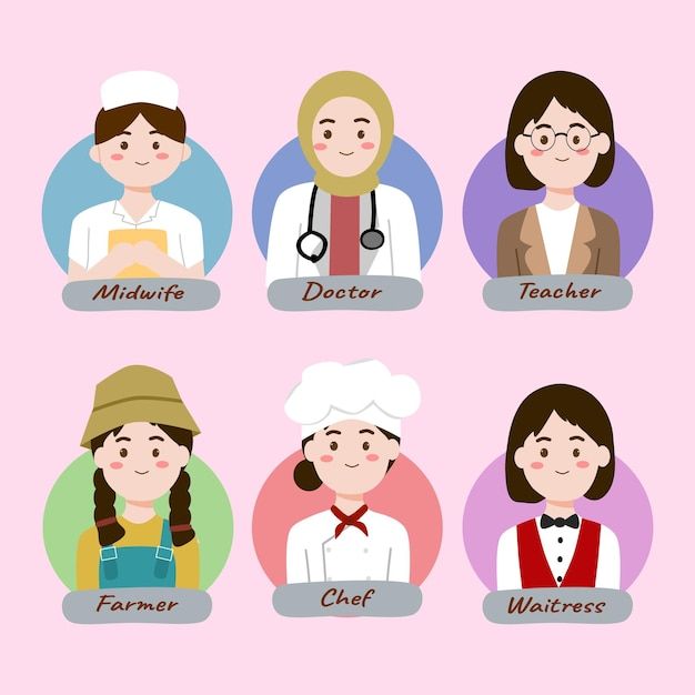 six people with different jobs on their heads and name tags in the middle one woman is wearing a chef's uniform