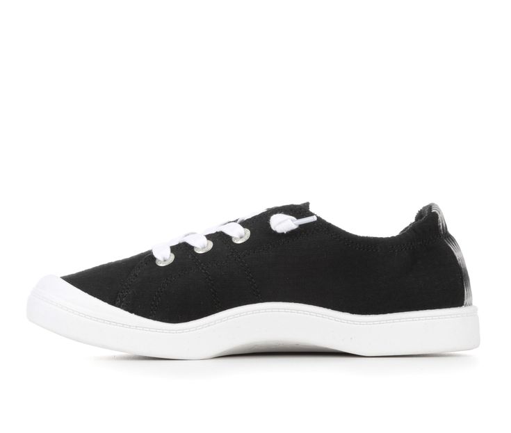 With a canvas upper featuring an elasticized top line for easy entry, these slip-on sneakers also feature knotted cotton laces for a classic profile. The Memory Foam footbed and vulcanized rubber outsole cushion every step along with lots of bounce. 98.95% Cotton / 1.05% Metal upper, Easy slip-on entry with lace-up detail, Classic round toe with toe cap, Cushioned insole, Flexible rubber midsole and outsole, Roxy branding details,60% Textile /40% TPR-100% TPR for Non-USA outsole | Women's Roxy B Black Slip-on Sneakers With Round Toe And Breathable Fabric, Black Synthetic Slip-on Sneakers For Running, Black Synthetic Outdoor Slip-on Sneakers, Black Synthetic Slip-on Sneakers With Rubber Sole, Black Synthetic Slip-on Sneakers With Arch Support, Classic Profile, Womens Boat Shoes, Roxy Women, Cotton Lace