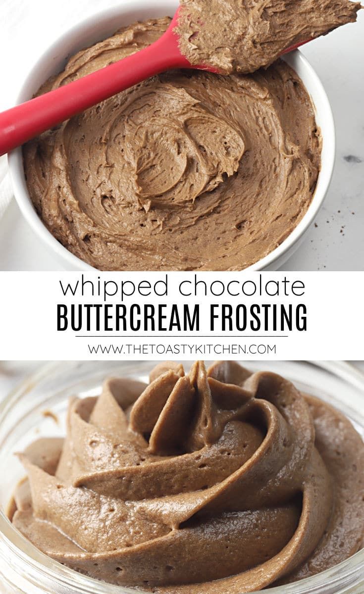 whipped chocolate buttercream frosting in a white bowl