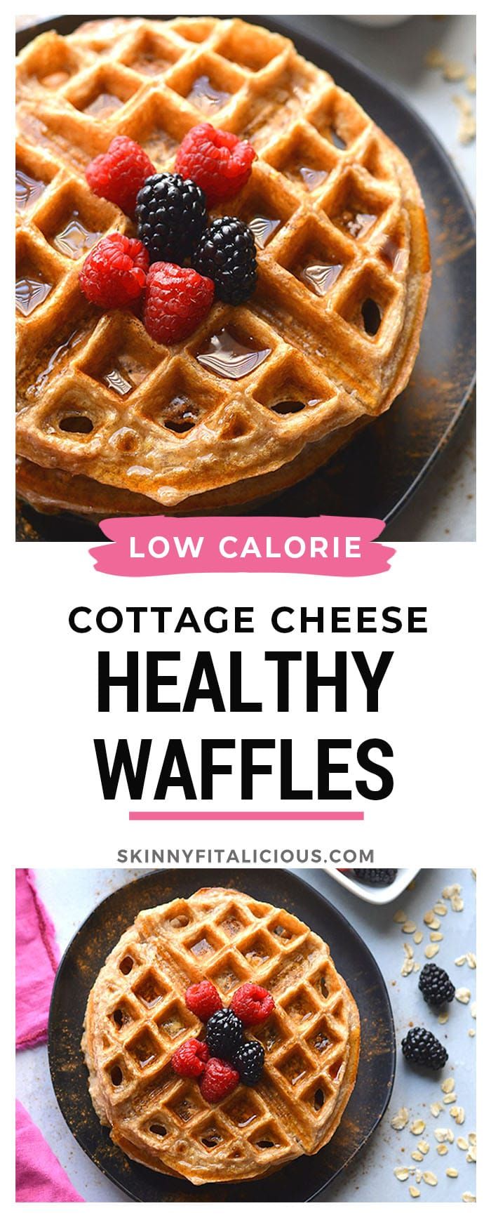 collage of cottage cheese healthy waffles with berries on top