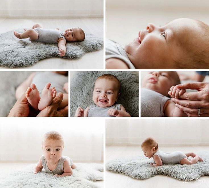 a collage of photos showing baby's first steps and then laying on the floor