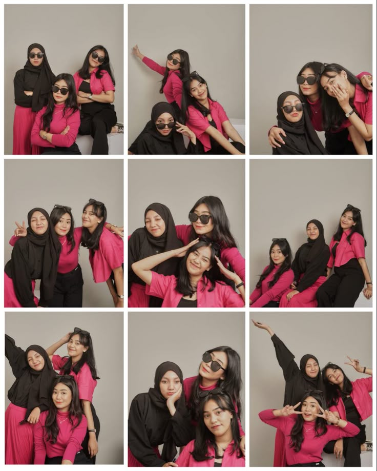 a group of women posing for a photo in different poses with their arms around each other